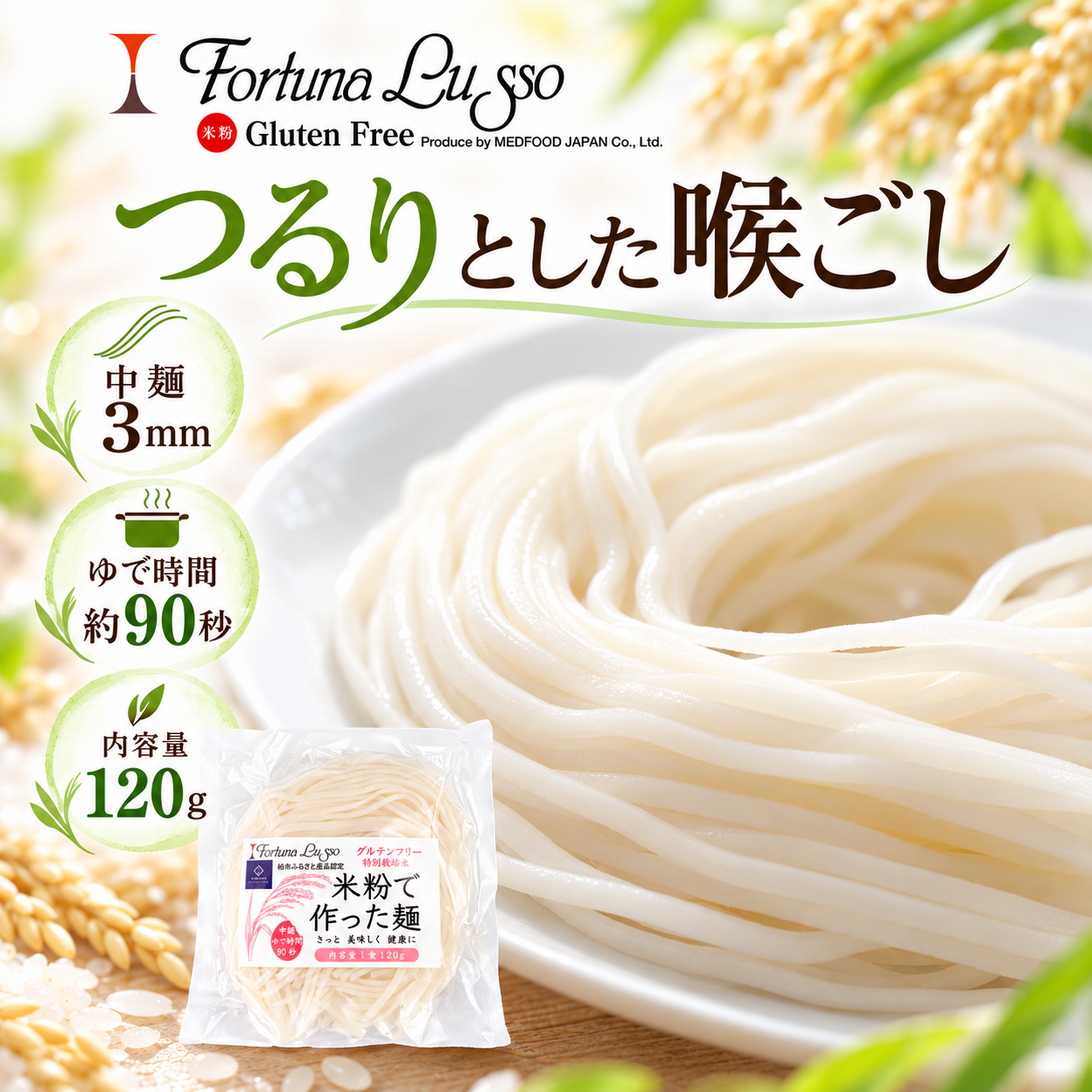 グルテンフリー米粉麺 精米麺 中麺3mm 120g｜Fortuna Lusso(米粉グルテンフリー Fortuna Lussoさん)のメインイメージ
